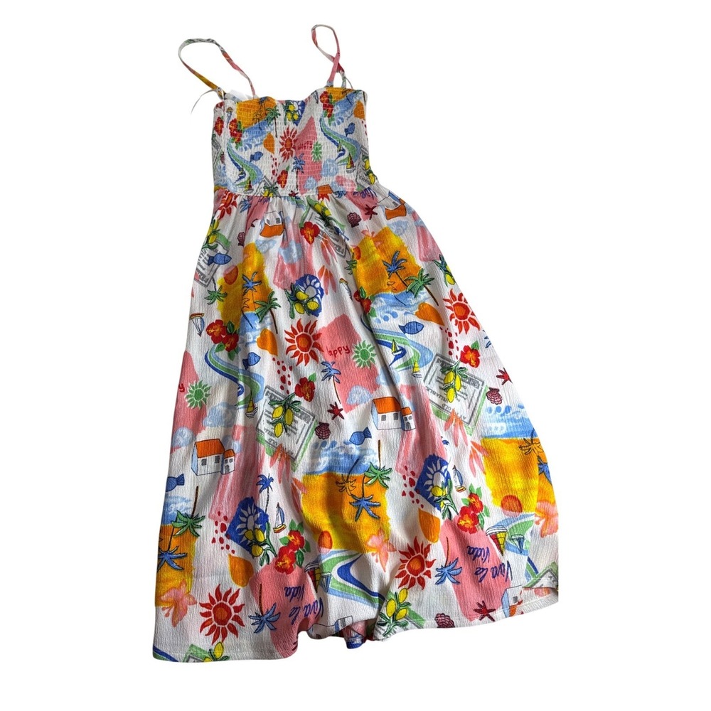Loft Beach Tropical Vacation Print Smocked Midi Dress Womens Small White Multi